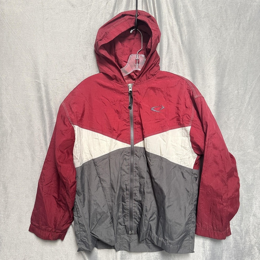 BIKE Jacket Youth M 10/12 Red Gray White Hooded Windbreaker Nylon Zip 90s VTG